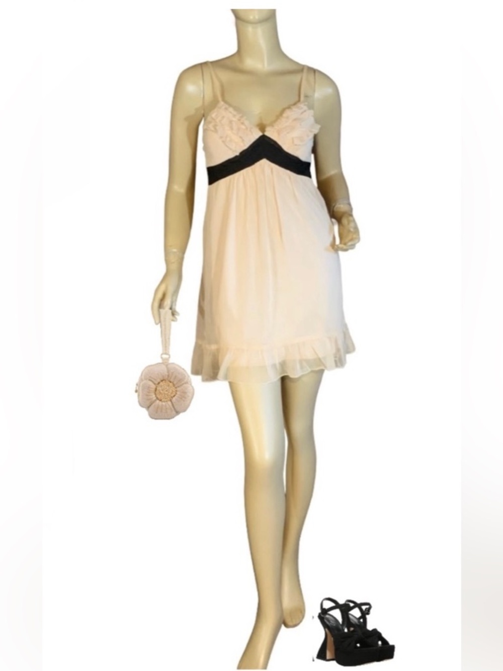 JOHNNY MARTIN CREAM & BLACK CHIFFON RUFFLED BABY DOLL DRESS (1)